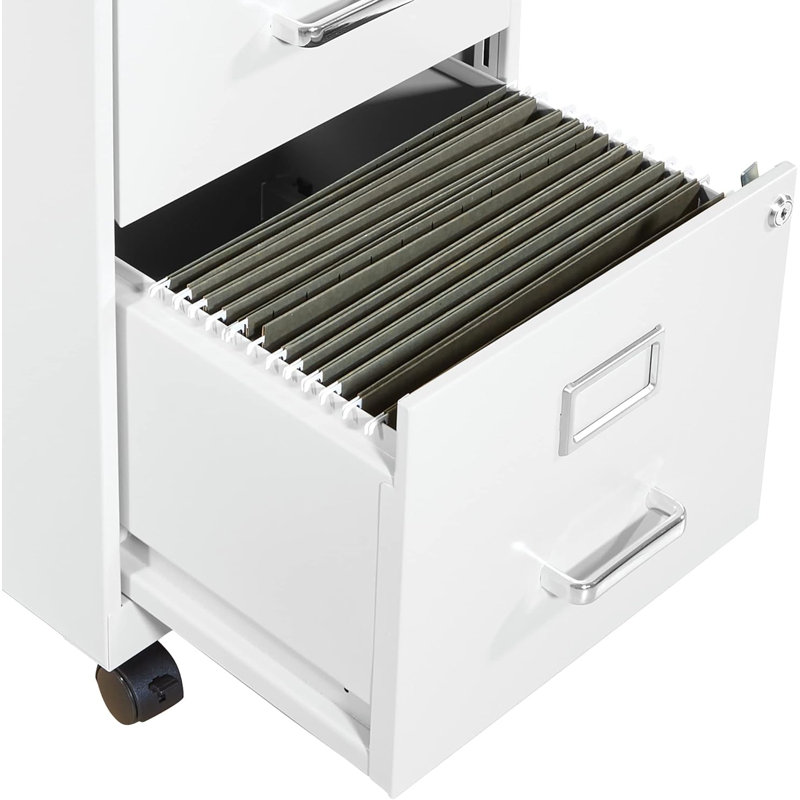 Locking Metal File Cabinet With Mobile Casters For Office Organization And Document Security, White