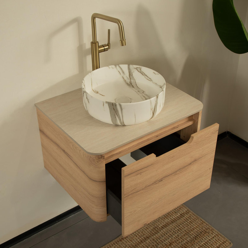Meuble-lavabo 24 po avec lavabo, armoire de rangement flottante en contreplaqué avec tiroir, cuve en céramique avec motif en pierre et plateau en pierre frittée à motif travertin