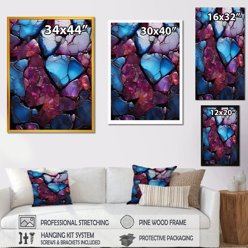Volcan de marbre bleu et mauve sans soudure III - décoration murale abstraite, Cadre doré simple, H 20 po x l 12 po x P 1 po