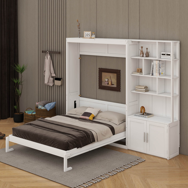Structure de lit plateforme pliable et cachée, armoire de lit escamotable pleine grandeur avec tablettes de rangement