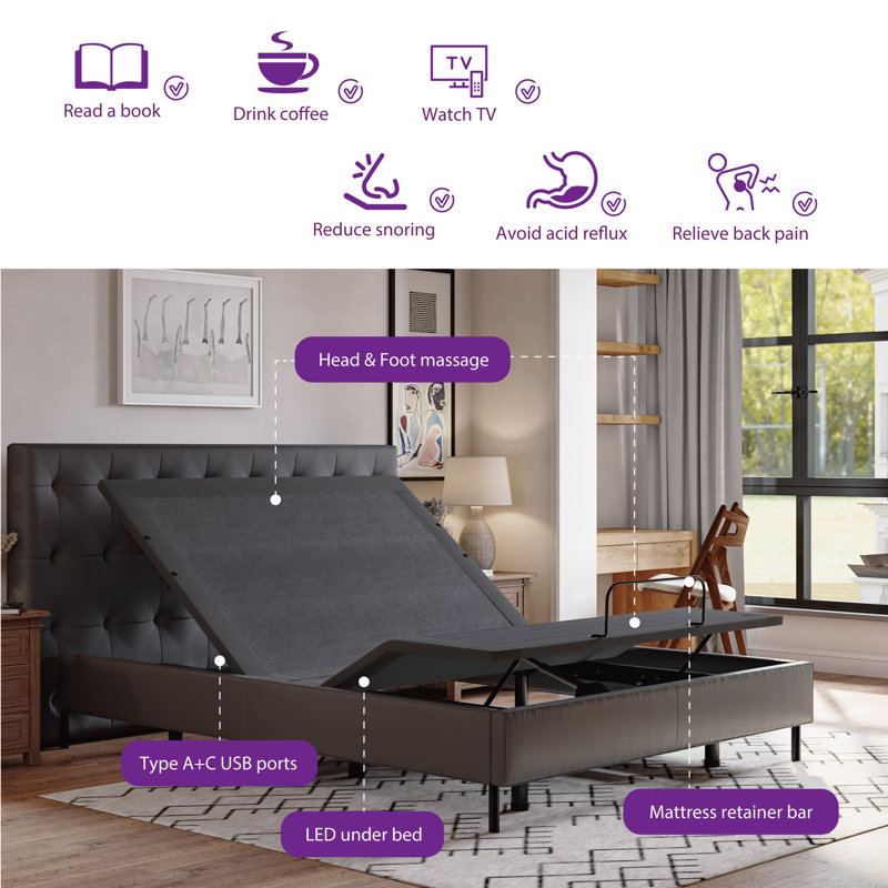 12" Adjustable Bed with Massage, Wireless Remote, and Underbed Lighting, USB Port, Twin XL 