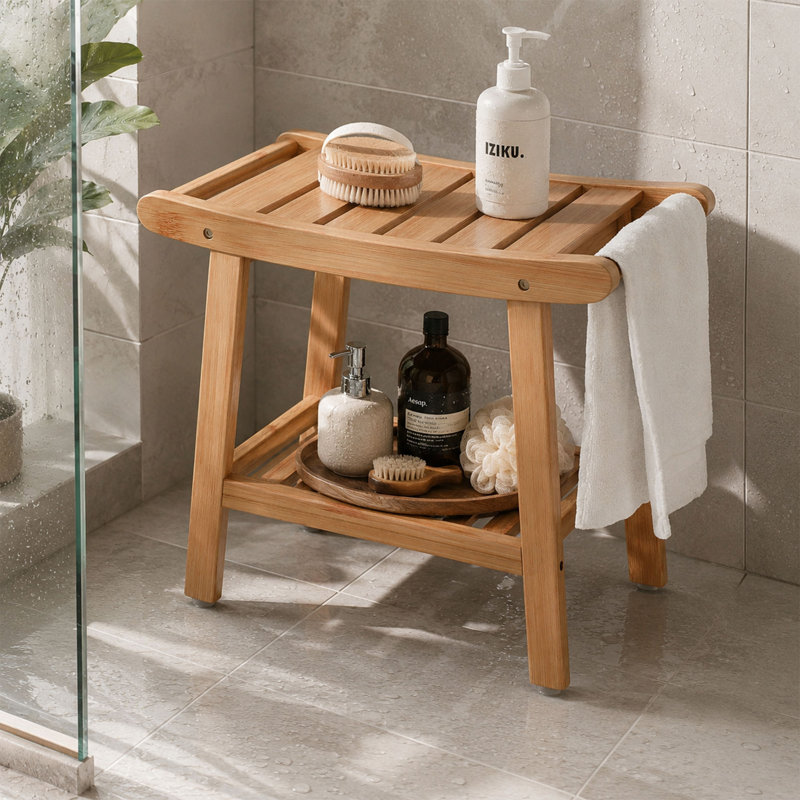 Banc de douche en bambou, tabouret de salle de bain imperméable avec tablette de rangement pour douche et spa