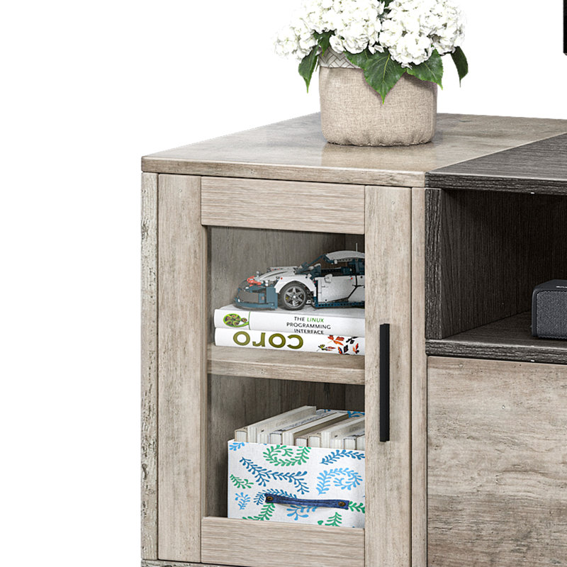 Charen LED Farmhouse Modern Entertainment Center TV Stand W Power Outlets, Glass Doors, Storage Drawers, Gray/Black