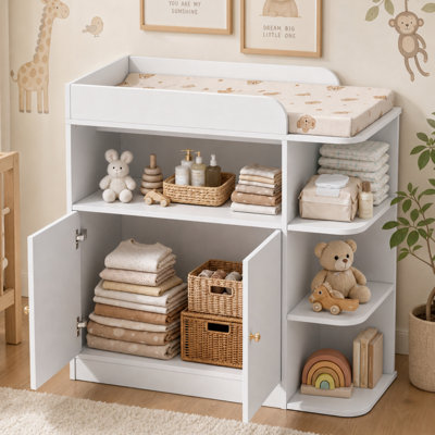 Changing Table Dresser for Nursery, Baby Diaper Changing Station with Large Cabinet, 4 Open Shelves & Crystal Knobs (Changing Top Included, Pad Excluded)