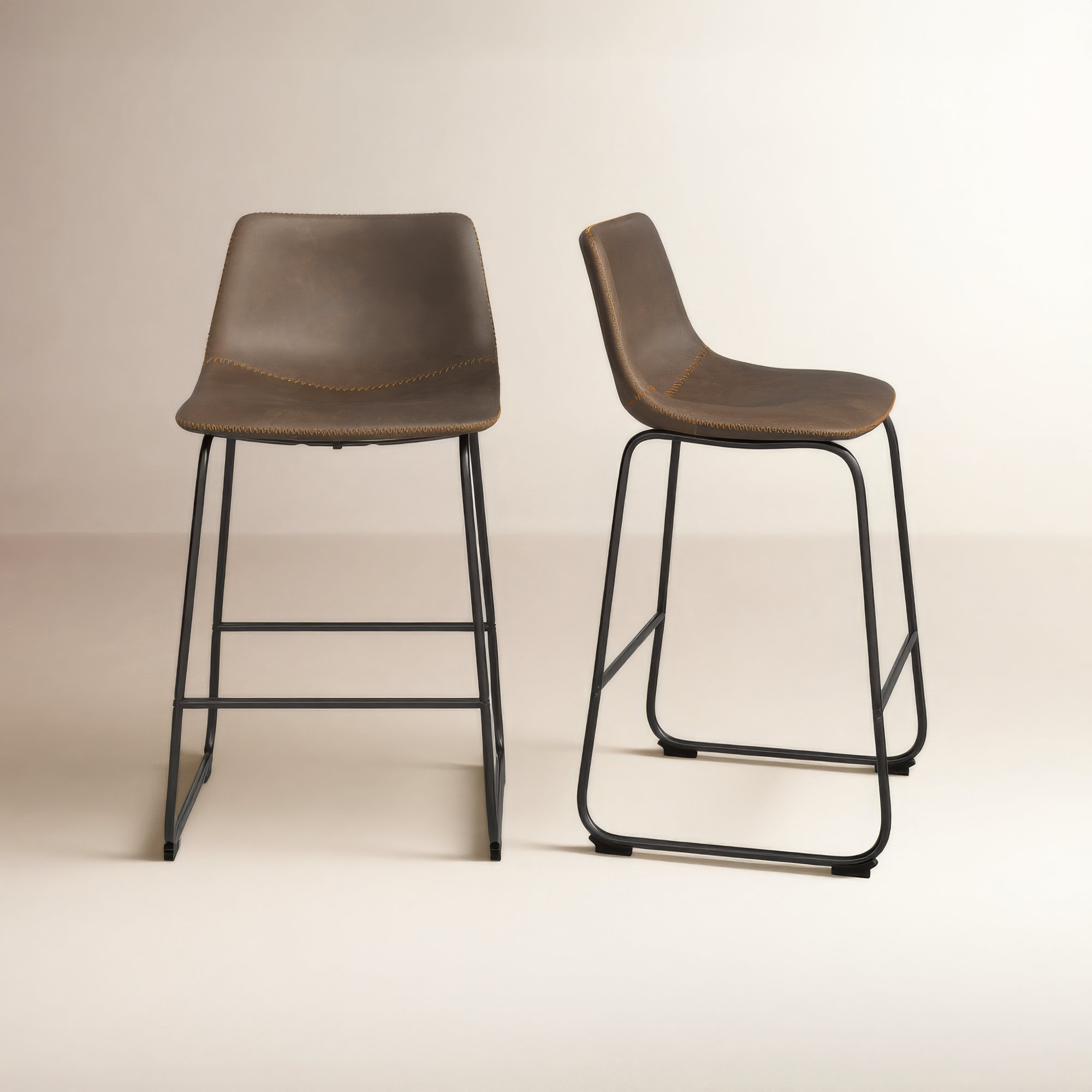 Nia Vegan Leather Bar & Counter Stool, Counter Stool (24" Seat Height), Black, Brown Distressed