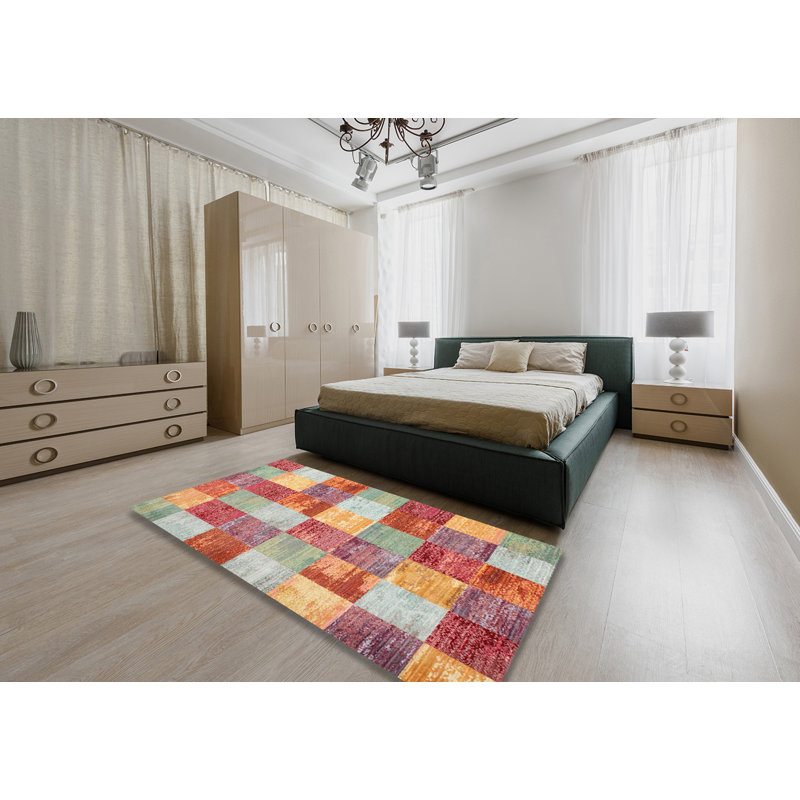 Tapis contemporain rouge / jaune, Rectangle 5 pi x 7 pi