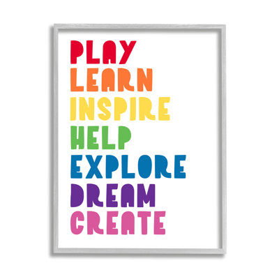 «Play Apprendre, inspirer, créer, liste de phrases, arc-en-ciel» par Anna Quach - Art textuel