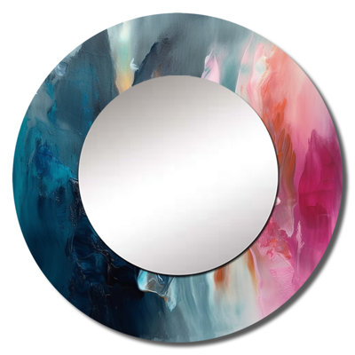 Sarhiya Blue and Pink Spatula Abstract - Abstract Unique Wall Mirror, Blue Round Mirror, Printed Metal Art