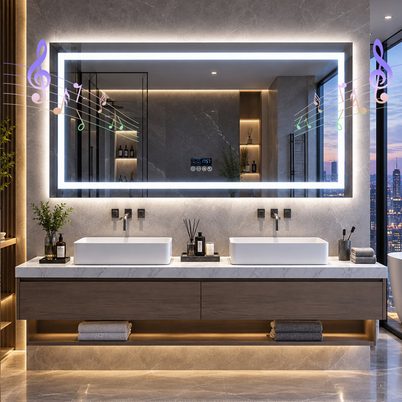 Miroir de salle de bain DEL grand format (78 x 151 cm) pour double lavabo, haut-parleur Bluetooth, affichage intelligent de l'heure et de la date, antibuée, intensité lumineuse réglable sur 3 couleurs