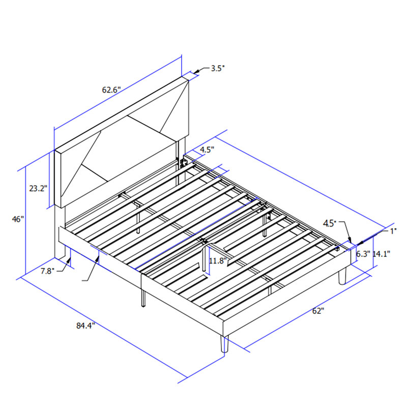 Lit tapissier gris grand format - Assemblage facile avec lattes de bois, sans sommier, tous types de matelas assortis, capacité de poids maximale de 500 lb