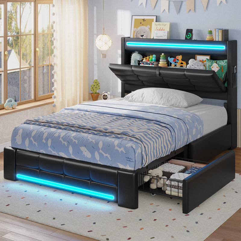 Bed Frames with Storage Headboard & 4 Drawers, LED Bed Frame with Charging Station, Upholstered Platform Bed,No Box Spring Needed