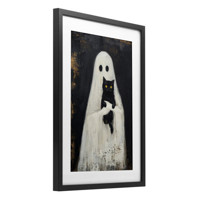 «Black Kitty & Ghost», reproduction sous verre encadrée, design par Petal Prints Design