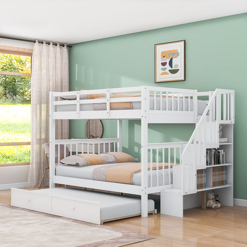 Doresha Kids Bunk Bed with Trundle, White, Full Over Full