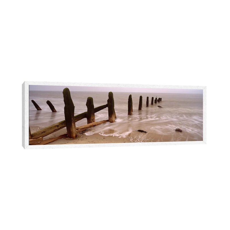 Posts On The Beach, Spurn, Yorkshire, England, United Kingdom 1 Piece Floater Frame Panoramic Wall Art on Canvas, White