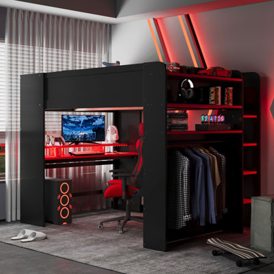 Lit mezzanine pleine grandeur avec bureau réglable et lumières RVB, tablettes de rangement et garde-robe ouverte, contemporain, chambre d'enfant