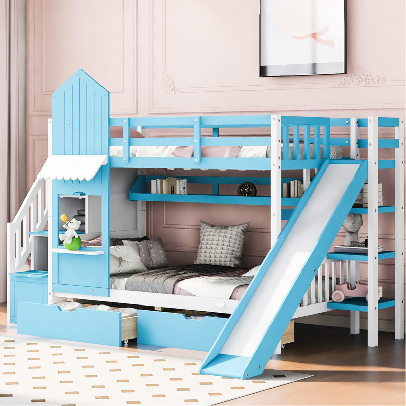 Lit superposé simple bleu avec 2 tiroirs, 3 tablettes et une glissoire en bois de pin massif, convenant à un décor de chambre à coucher