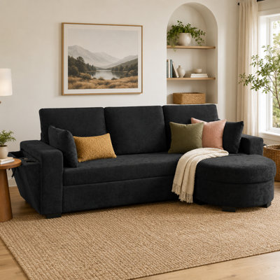 Canapé d'angle Sorellvyn 94" en chenille pour 3 personnes avec pouf de rangement incurvé amovible, rangement dissimulé dans les deux accoudoirs carrés, chargement USB, porte-gobelets sur les accoudoirs, coussins amovibles