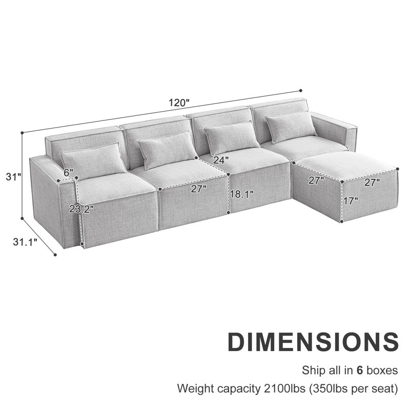 Canapé modulaire rembourré 5 pièces Taufner, 100 % lin gris