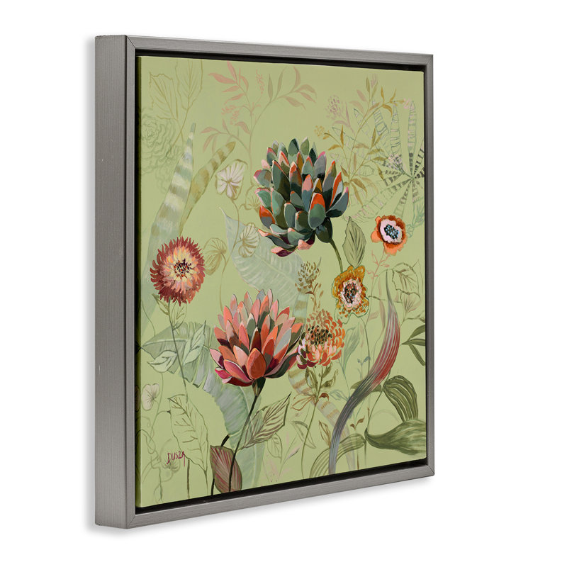 Cadre flottant traditionnel avec feuillage rétro, design par Dusza, Cadre flottant gris lustré, H 18 po x l 18 po