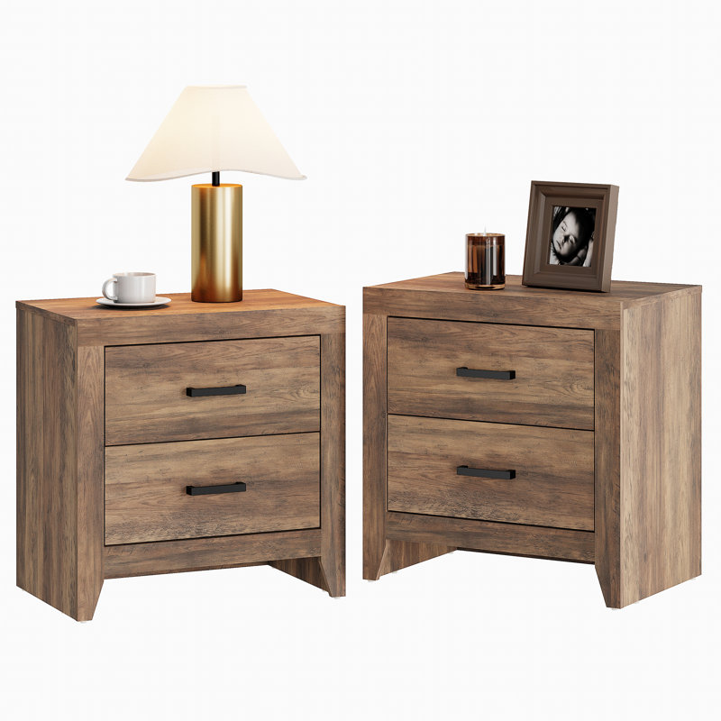 Set Of 2 Nightstands With 2 Drawers, Modern Farmhouse Bedside Table With Matte Black Pulls For Bedroom & Living Room, Brown