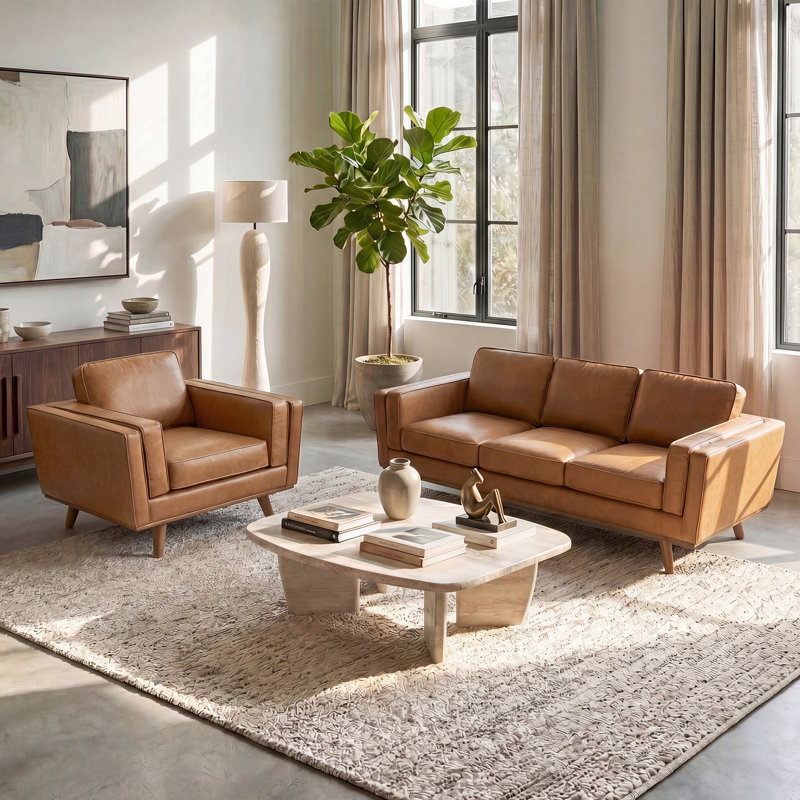 2-Piece Upholstered Square Arm Sofa Set, Brown, 2 Pieces: Sofa, Chair