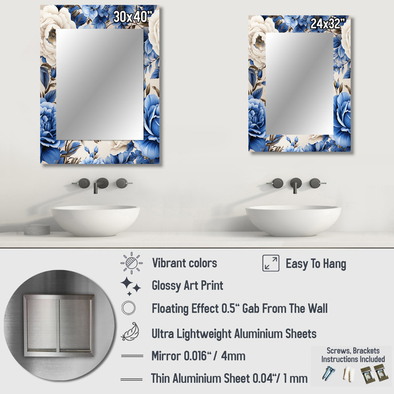 Motif victorien de roses néo-victoriennes bleu cobalt Kidd - miroir décoratif floral, miroir mural floral, impression d'art en métal