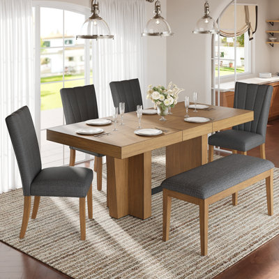 Ensemble de table de salle à manger en bois extensible 78,1 pouces pour 6 personnes, ensemble de table de cuisine avec banc et 4 chaises rembourrées, plateau de table épais de 3,8 pouces et pieds en tréteaux pour la cuisine, la salle à manger
