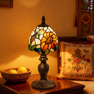 Sunflower Tiffany Style Stained Glass Table Lamp With 3-Color Temperature LED Bulb, Handcrafted 6-Inch Floral Design For Bedroom, Living Room And Office Decor