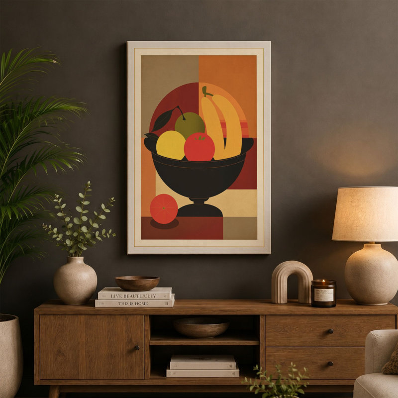 Pedestal Fruit Bowl Art Deco - Wrapped Canvas, 36x24 - 91.4 x 61.0 cm, Teal Border