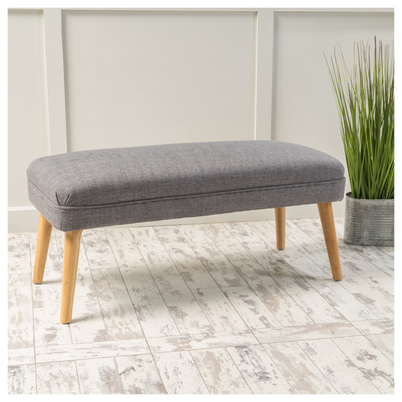 Banc repose-pieds rectangulaire de 38 pouces avec revêtement en tissu d'aspect lin et pieds en bois gris clair