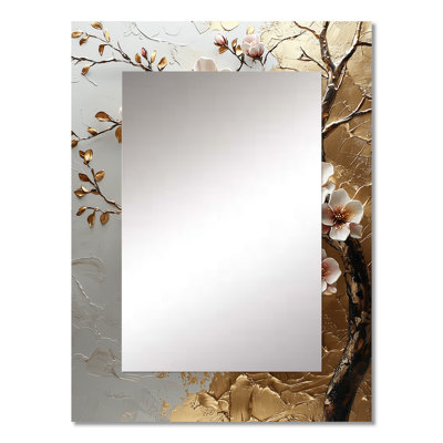 Pink And Gold Cherry Blossom Tree By The Lake IV - Cherry Blossom Decorative Wall Mirror, Traditional Large Mirror, Printed Metal Art