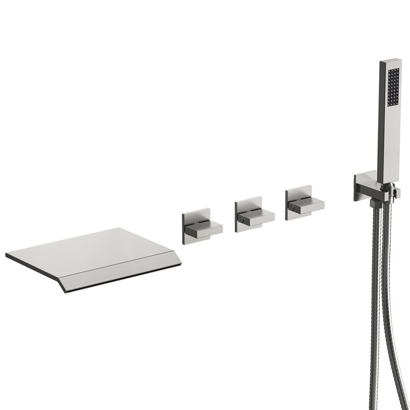 Wall Mounted Waterfall Tub Spout Bathtub Faucet with Diverter & Handheld Shower, Brushed Nickel