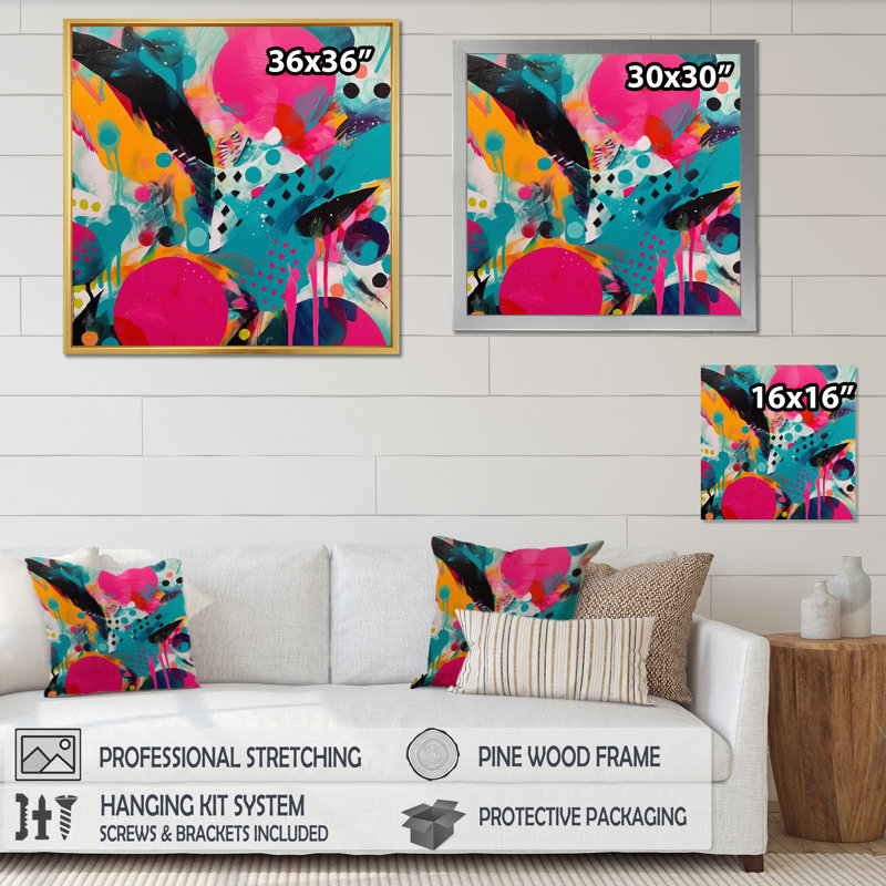 Art abstrait sur toile rose et turquoise abstraite I, Toile tendue, H 16 po x l 16 po x P 1 po