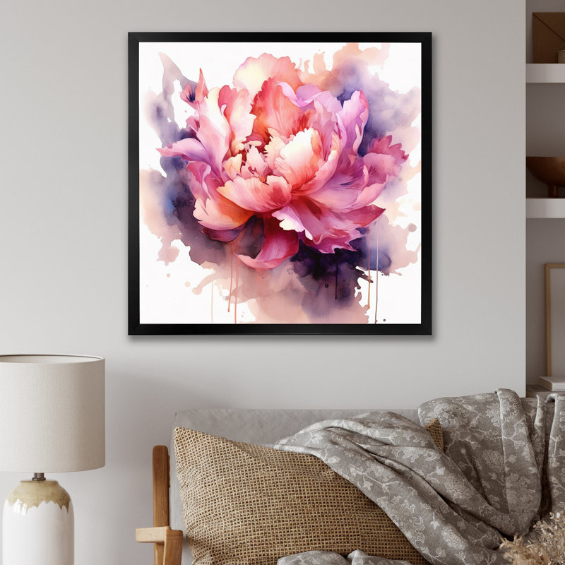 Visons de pivoine rose corail sur toile, Cadre simple noir, H 30 po x l 30 po x P 1 po