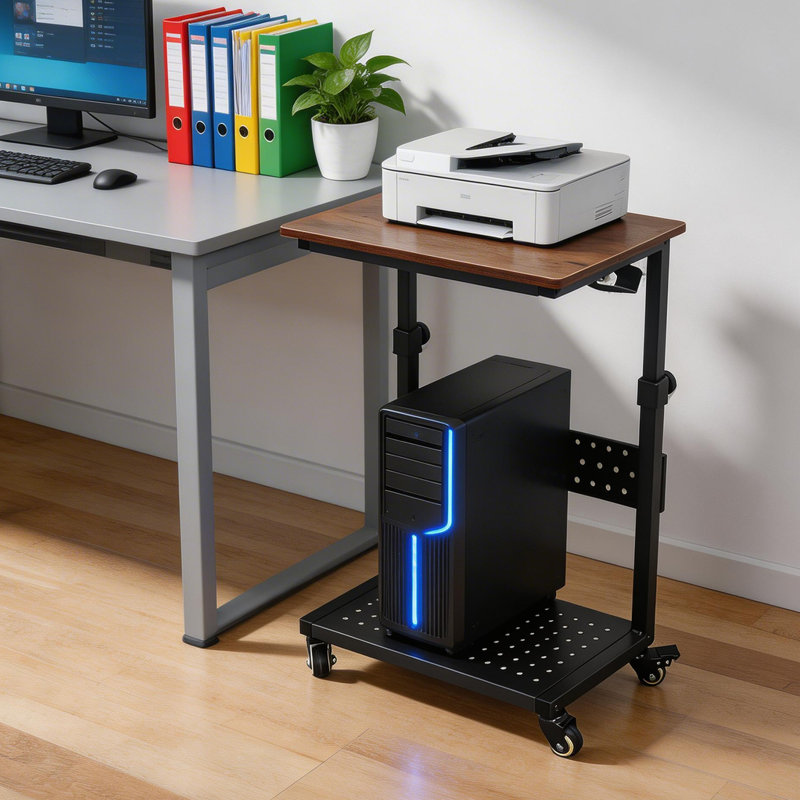 1pc Adjustable Height Mobile Computer Stand, 2-Tier Rolling Printer Stand with Wheels, Wood Top & Metal Frame CPU Tower Cart, Brown/White, Fits PC Tower & Printer Under Desk