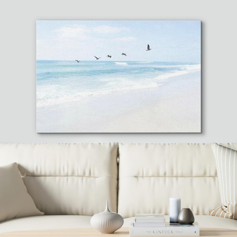 Coastal Beach Serene Beachscape Seagulls Flying Over Crashing Waves on, H 16 po x l 24 po