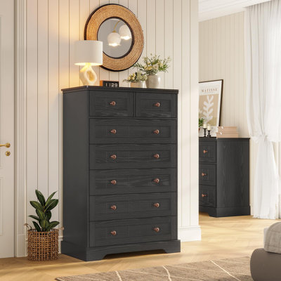 7 Drawer Dresser, 51.4 Inch High Dresser With Hand Carved Panels, Large Wooden Closet Storage Organizer Dresser For Bedroom, Living Room, Hallway