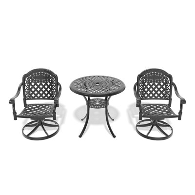 Ensemble de salle à manger 3 pièces en fonte d'aluminium avec 2 chaises pivotantes et une table, noir