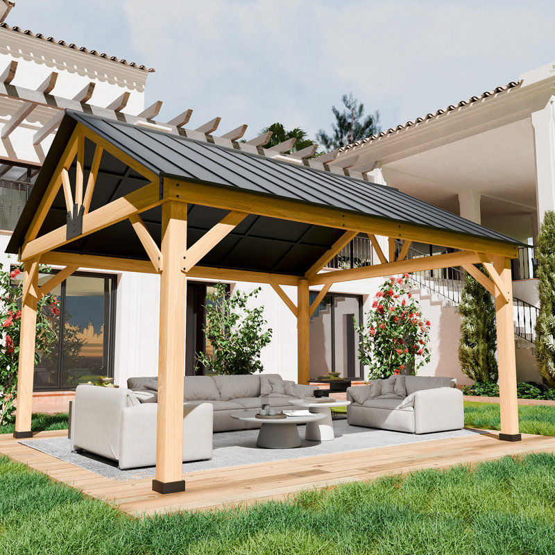 13 ft. x 11 ft. Cedar Wood Patio Gazebo with Black Steel Roof