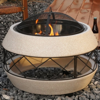 Round Wood Burning Concrete Outdoor Fire Pit,23.23" Heat Resistant MGO Ceramic Material Base With BBQ Grill Firepit For Patio Garden,Backyard Barbecue,Outdoor Gatherings
