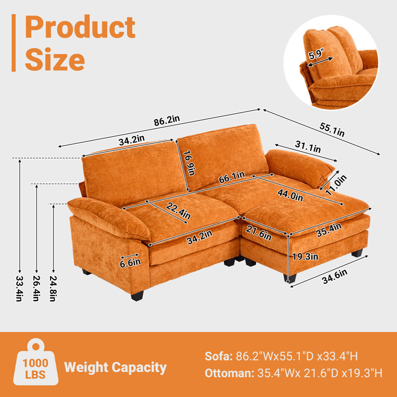 Shugar 83.2'' W Double-Layer Cushion Comfy Cloud Loveseats With One Ottoman, Orange Chenille
