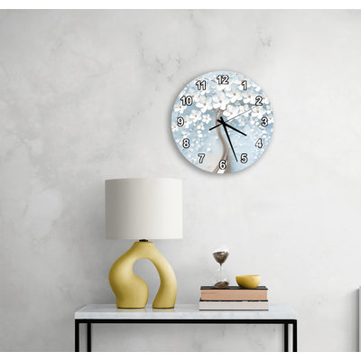 Tempered Glass Wall Clock, White Flower Tree Art, Modern Blue Home Decor, Large Round Timepiece, Nature Inspired Kitchen Office Gift