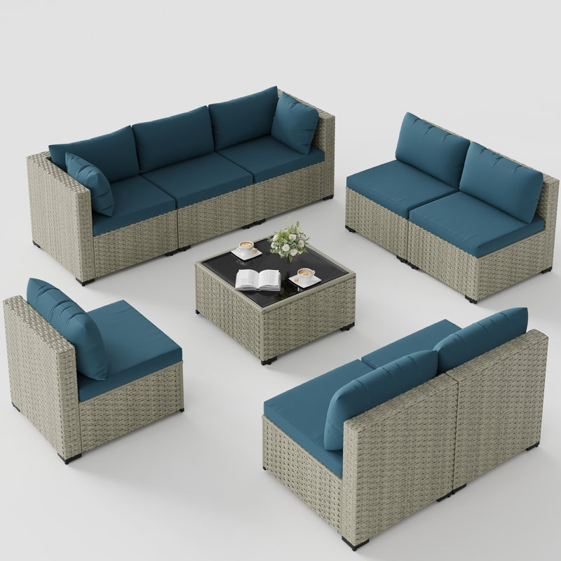 Ensemble de conversation 9 pièces en rotin pour patio avec coussins 9 pièces, Bleu paon