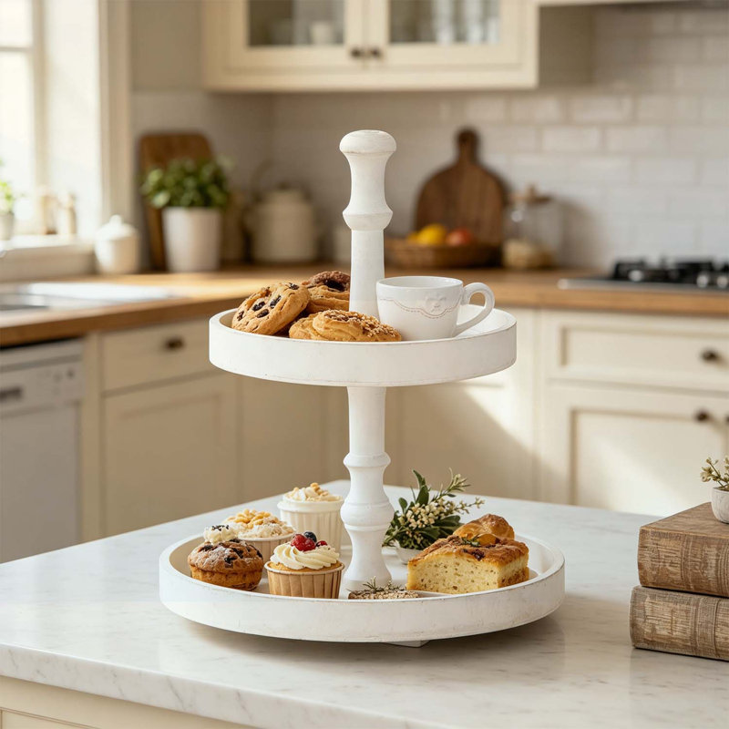 Versatile Two-Tiered Round Wooden Tray, White Finish for Elegant Display and Serving, Ideal for Home Decor and Entertaining.