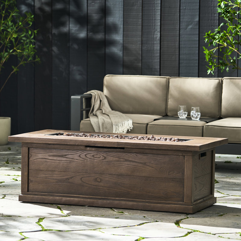 56'' Rectangular Propane Fire Pit, 50,000 . Brown Wood Finish. Lightweight Concrete, No Assembly, Transform Your Outdoor Mood Fireplace, Rectangular. Theme. Relax In Hideaway