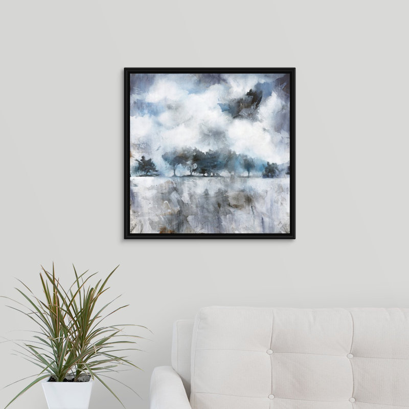 « obscurcied blues », peinture sur toile, H 21,7 po x l 21,7 po x p 1,75 po, Cadre flottant noir