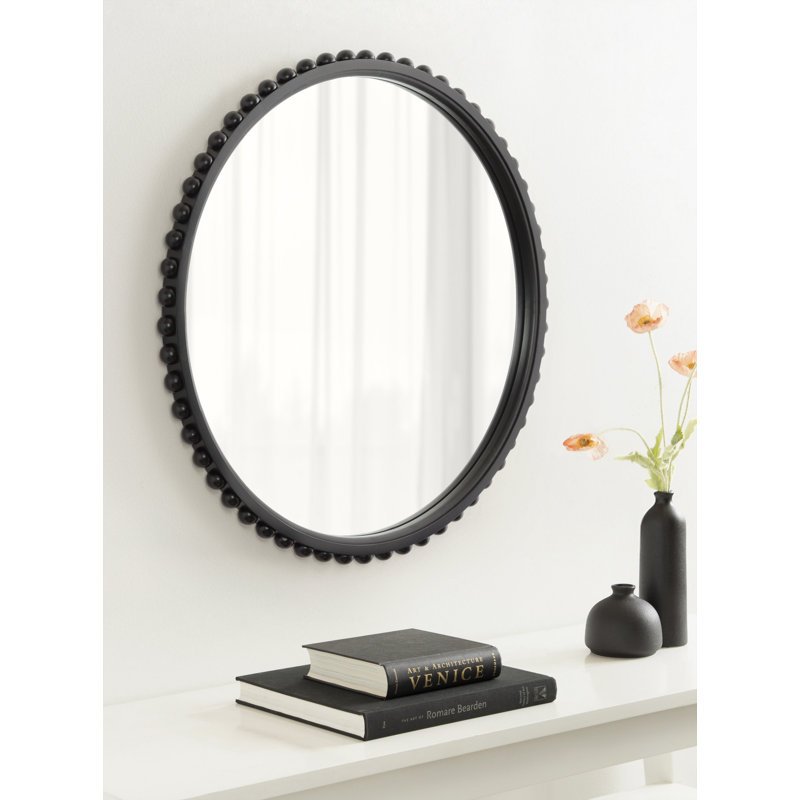 Wooden Round Beaded Mirror, Black