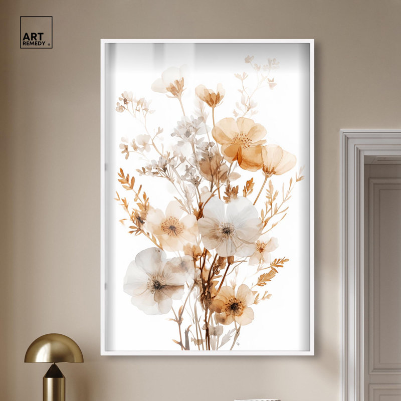 «Parchment Petals Shadowbox Print», art floral élégant par Art Remedy, H 55 po x l 37 po, Blanc