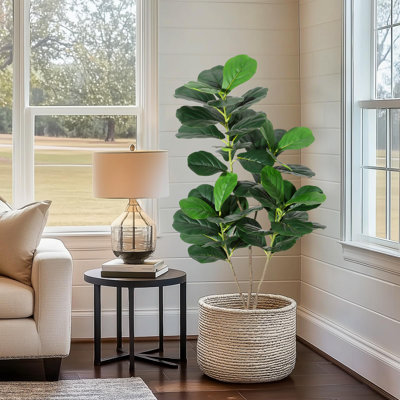 4ft Artificial Fiddle Leaf Fig Tree – Realistic Faux Ficus Lyrata Plant with Cement Base – Low Maintenance Greenery for Indoor/Outdoor Home, Office, Living Room Decor – Housewarming Gift – Size: 4ft