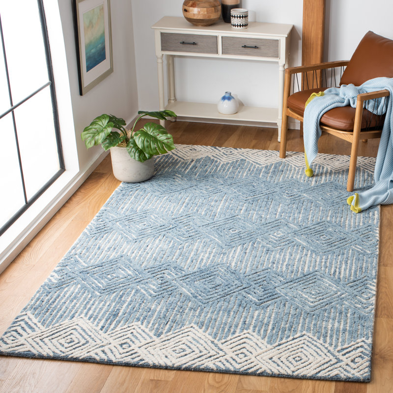 Leopoldo Geometric Handmade Tufted Wool Blue/Ivory Area Rug, Rectangle 5' x 8'